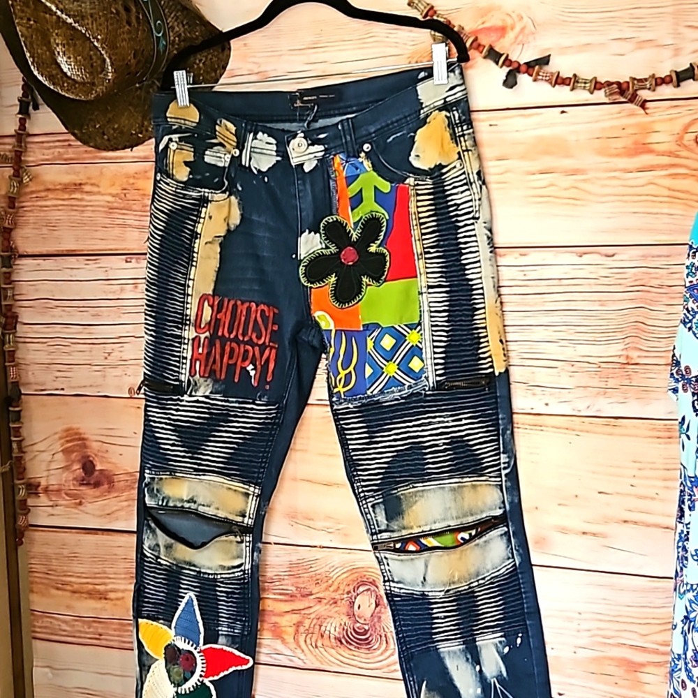 HANDMADE~EMBELLISHED "One Kind Denim" Bleached, Patched, Embroidered HIPPIE Jean - Picture 2 of 12